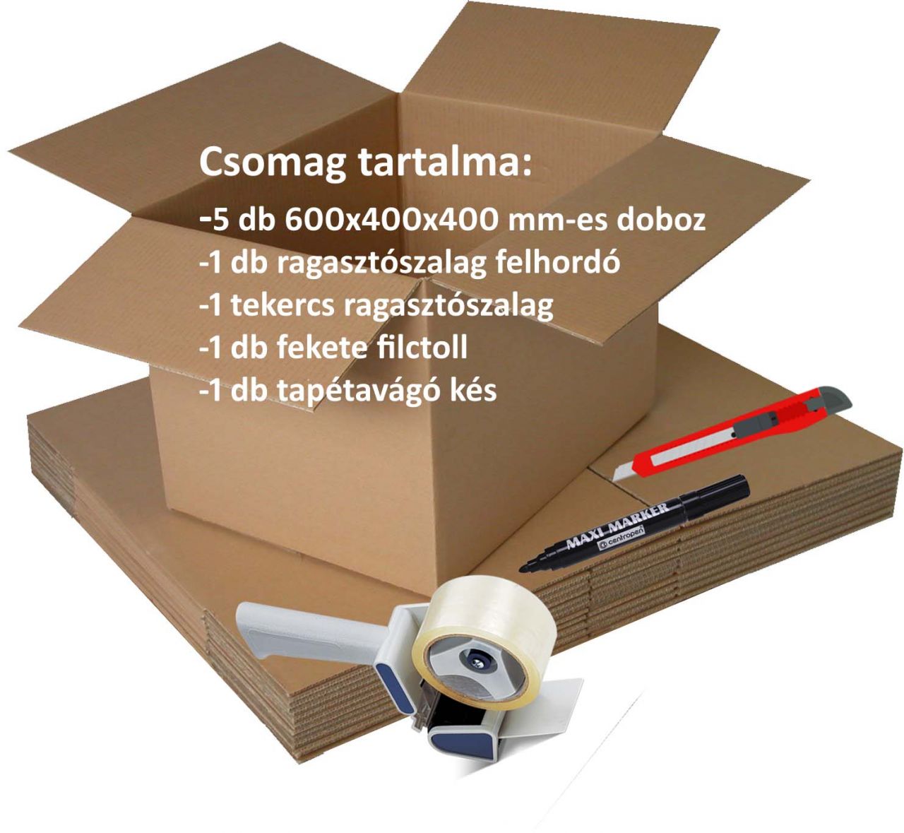 Egységcsomag költözéshez (doboz+ragasztószalag+adagoló+filctoll+tapétavágó) Egységcsomag költözéshez (doboz+ragasztószalag+adagoló+filctoll+tapétavágó)